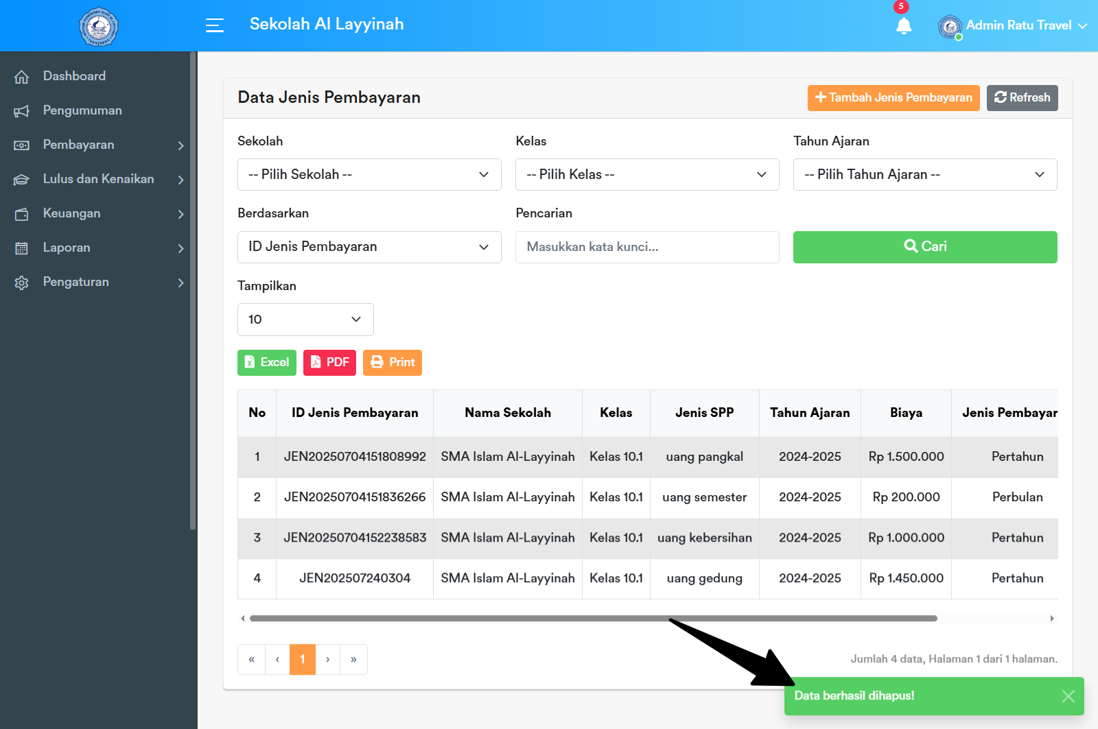 Notifikasi Hapus Jenis Pembayaran